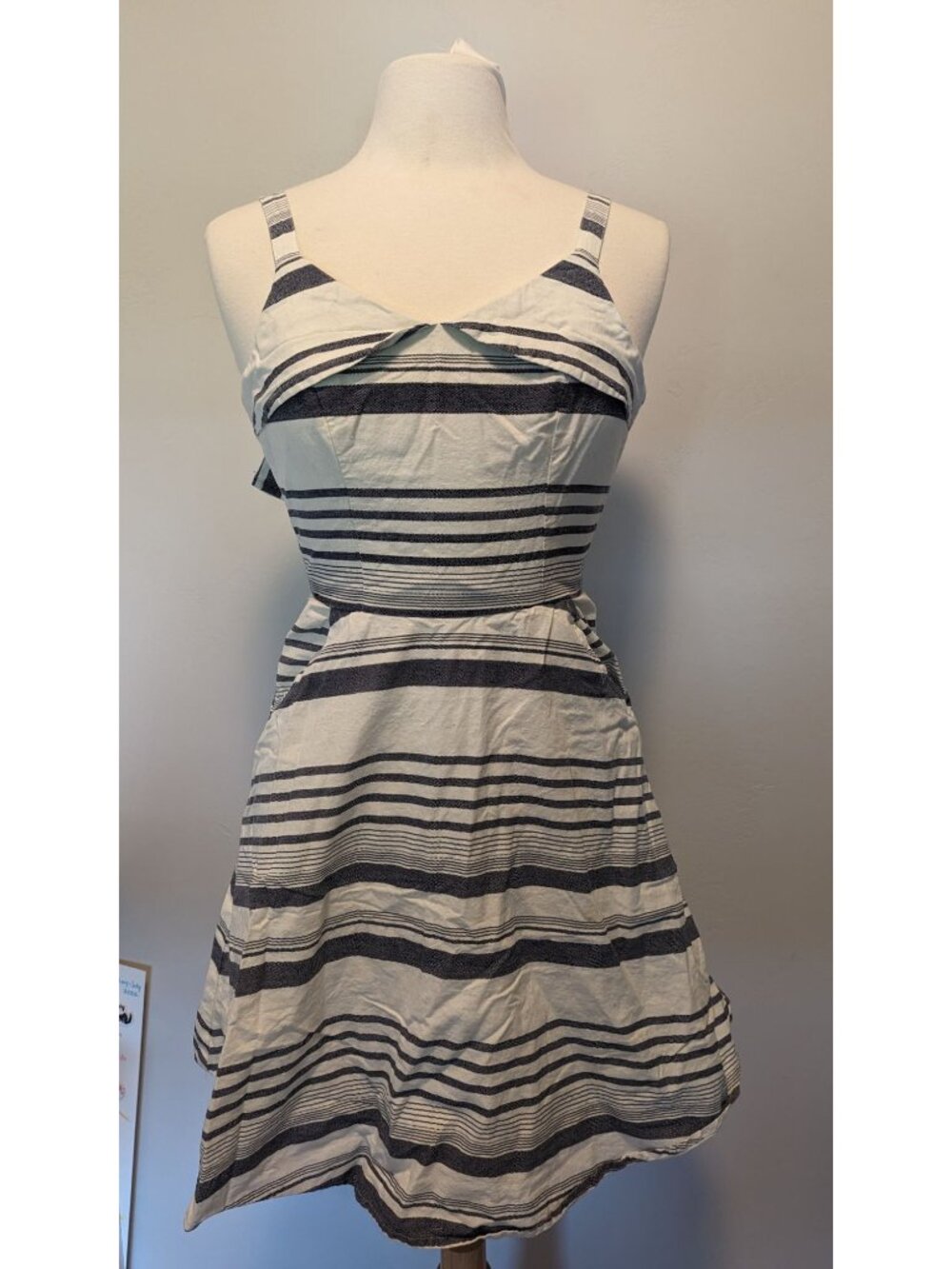 Striped White & Navy Sleeveless Dress With Adjustable Straps & Back Zipper Small